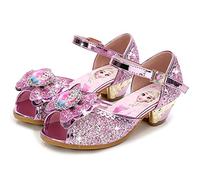 FStory&Winyee Sandales Princesse Enfant Filles Reine des Neiges Bouche Poisson Talons Hauts Chaussures Ballerines Elsa Arc Charmant Doux Cosplay Déguisement Ceremonie et Fêtes,Rose,24