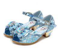 FStory&Winyee Sandales Princesse Enfant Filles Reine des Neiges Bouche Poisson Talons Hauts Chaussures Ballerines Elsa Arc Charmant Doux Cosplay Déguisement Ceremonie et Fêtes,Bleu,36