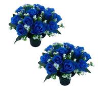 FSUK Lot de 2 pots de fleurs funéraires Fleurs artificielles pour tombes Décorations florales et cimetières Fleurs funéraires artificielles décoratives Qualité améliorée Bleu FSUKB2PK