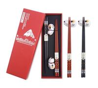 FSWWSF Set de 2 paires de baguettes à sushi en bois avec porte-chat en céramique dans un coffret cadeau haut de gamme