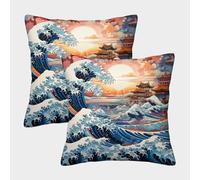 FSYQQASD Style Japonais Taie d'oreiller Housses De Coussin 50x50cm,Maison Décoratives Vagues Housse De Coussin Lot De 2 avec Fermeture Eclair Invisible pour Canapé Fauteuil Voiture Chambre
