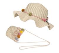 FT-SHOP Chapeau de Soleil Filles Chapeaux de Paille d'été Enfant et Petit Sac Ensemble avec Décoration Florale pour Plage Voyage Randonée 3-7 Ans