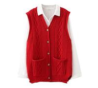 FTCayanz Cardigan Tricot Femme Col V Gilet sans Manches Elégant Casual Pull Ouvert Boutons Rouge 3XL