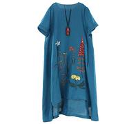 FTCayanz Femme Robe D'été Coton Lin Broderie Rétro Décontractée Tunique à Manche Courte Bleu L