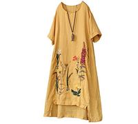 FTCayanz Femme Robe D'été Coton Lin Broderie Rétro Décontractée Tunique à Manche Courte Jaune XXL