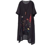 FTCayanz Femme Robe D'été Coton Lin Broderie Rétro Décontractée Tunique à Manche Courte Noir XL