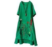 FTCayanz Femme Robe D'été Coton Lin Broderie Rétro Décontractée Tunique à Manche Courte Vert XL