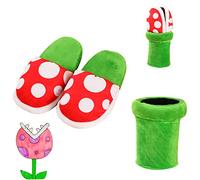 FTCO Piranha Plantes Pantoufles en peluche Pantoufles drôles Mocassins avec porte-pot de pipe Cadeaux drôles pour femmes hommes (Vert, one size)