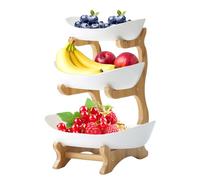 Ftemglo Corbeille a Fruit 3 Etages, Blanc Moderne avec Support en Bambou Naturel, Panier Fruit Domestique Stable et Non Tremblante, Facile à Nettoyer, Peu Encombrant pour Légumes, Fruits, Collations