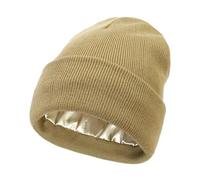 FTGNHF Bonnet Unisexe doublé de Satin Antistatique, Bonnet d'hiver Chaud à Revers et Doublure en Soie, Nuit Souple 2 Couches for Femmes Bonnet tricoté(Khaki)
