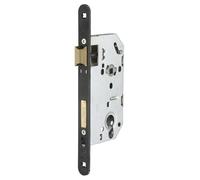 FTH - Boitier de serrure à encastrer SE 50 avec rappel du demi-tour par la clé, axe 50mm, entr'axe 70mm, carré 7mm, têtière chromée noir mat à bouts ronds