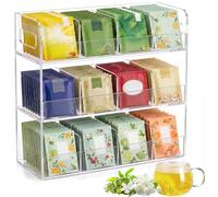 FTISSLY Boîte à Thé Transparente 12 Compartiments, Organisateur pour Sachets de Thé pour 216 Sachets, Rangement Vertical en Acrylique pour Cuisine, Café, Bureau, Hôtel, 29,7 x 26 x 10 cm