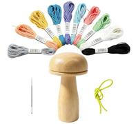 FTISSLY Kit Couture Champignon en Bois - 10 Fils Colorés + Aiguille + Élastique - Pour Reprise de Chaussettes, Pulls, Tissus Tricot - Outil de Dentelle - Cadeau DIY - 11×5,8 cm