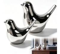 FTISSLY Lot de 2 Statues d’Oiseaux en Céramique Argentée, Petites Sculptures Animalières Blanc, Décoration d’Intérieur Moderne pour Salon, Chambre, Étagère, Bureau, Paire Grand et Petit Oiseau