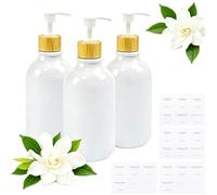 FTISSLY Lot de 3 Flacon Pompe 500ml - Grande Capacité Blanc Bois - Dosage Précis Anti-Fuite - pour Shampoing, Gel Douche, Lotion - avec Entonnoir et Étiquettes Allemandes - Salle de Bain, Voyage