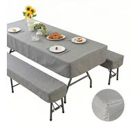 FTISSLY Lot de 3 Nappes pour Table et Bancs de Jardin - Gris - Imperméable - Tailles: Table 220×70 cm, 2 Bancs 220×25 cm - Couverture de Table en Polyester - pour Fête, Pique-Nique, Mariage