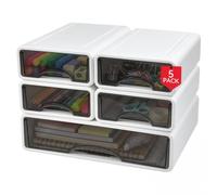 FTISSLY Lot de 5 Boîtes de Rangement Empilables, Organisateur de Bureau avec Tiroirs, 4 Petits + 1 Grand, Contenant en Plastique Blanc pour Papeterie, École, Maison, Gain de Place