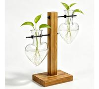 FTISSLY Vase Hydroponique en Verre avec Support en Bois, Lot de 2 Vases Cœur pour Plantes Aquatiques et Fleurs Fraîches, Décoration de Bureau, Salon et Maison, Naturel