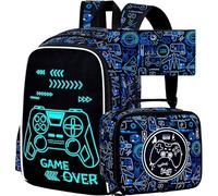 FTJCF Lot de 3 sacs à dos pour garçons de 40,6 cm avec boîte à déjeuner, sacs d'école motif chat licorne pour l'école primaire maternelle, Noir Game, One Size
