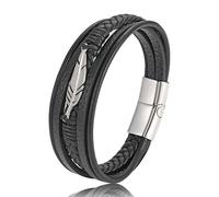 FTPZTINX Bracelet Homme Cuir,Bracelet En Cuir Multicouche Tissé À La Main Avec Plumes, Bracelet Pour Homme En Cuir Tressé Avec Corde En Acier