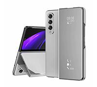 FTRONGRT Coque pour Samsung Galaxy Z Fold 3 5G, Flip Cover，Etui de téléphone Miroir Semi-Transparent，Etui Housse Case pour Samsung Galaxy Z Fold 3 5G-Argent