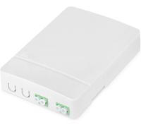 FTTH enclosure-2x LC/APC duplex coupler-single-mode fiber optic-integrated FO splice cassette-protection class IP45-wall mount-white