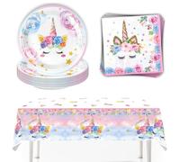 FTXanty 41 Pcs Vaisselle Jetable Anniversaire Licorne Vaisselle Anniversaire Fille Jetable Assiettes + Serviette +Nappe de Fête pour Fête Décorations Noël