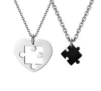 Fu You 2 Pièces Collier Couple Amoureux en Acier Inoxydable pour Femme Homme - Argent Noir, Pendentif Coeur Séparable, Puzzle - Meilleure Amie Amitié