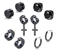 Fu You 5 Paires Acier Inoxydable Boucles d'oreilles Magnétique Aimant Homme Femme, Boucle d Oreille Croix Homme, sans Trou Fausse Boucle d Oreille Anneaux Clip Créole Diamant Clou Non Percée Noir
