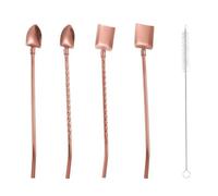 FUANA 304 Lot de 4 cuillères à paille multifonctions en acier inoxydable - Ustensile réutilisable en métal pour boissons épaisses - Cuillère à fruits et mélangeur avec brosse de nettoyage - Or rose