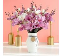 FUANA Bouquet de magnolia artificiel avec 20 têtes de fleurs et 5 tiges, 43 cm, fleurs artificielles en soie pour décoration de salon, chambre à coucher, bureau, blanc, violet, bleu, cyan