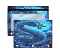 Fuauuyl Blue Dragon Lot de 2 trousses à crayons pour classeur à 3 anneaux avec fenêtre transparente et fermeture éclair