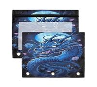 Fuauuyl Blue Dragon Lot de 2 trousses à crayons pour classeur à 3 anneaux avec fenêtre transparente et fermeture éclair