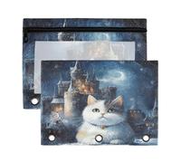Fuauuyl Cat and Castle Lot de 2 trousses à crayons pour classeur à 3 anneaux avec fenêtre transparente avec fermeture éclair