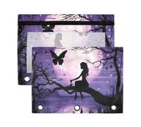 Fuauuyl Fairy of The Moon Lot de 2 trousses à crayons pour classeur à 3 anneaux avec fenêtre transparente avec fermeture éclair