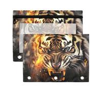 Fuauuyl Flame Tiger Lot de 2 trousses à crayons pour classeur à 3 anneaux avec fenêtre transparente avec fermeture éclair