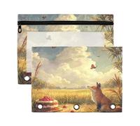 Fuauuyl Fox and Cake - Lot de 2 trousses à crayons pour classeur à 3 anneaux avec fenêtre transparente avec fermeture éclair