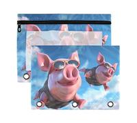 Fuauuyl Pig Fly in The Sky - Lot de 2 trousses à crayons pour classeur à 3 anneaux avec fenêtre transparente avec fermeture éclair