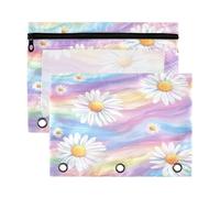 Fuauuyl Rainbow Daisy Lot de 2 trousses à crayons avec fenêtre transparente pour classeur à 3 anneaux avec fermeture éclair