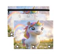 Fuauuyl Rainbow Horse Lot de 2 trousses à crayons pour classeur à 3 anneaux avec fenêtre transparente avec fermeture éclair