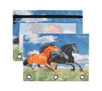 Fuauuyl Running Herds of Horses Lot de 2 trousses à crayons pour classeur à 3 anneaux avec fenêtre transparente avec fermeture éclair