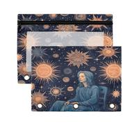 Fuauuyl Sun Moon Stars Lot de 2 trousses à crayons pour classeur à 3 anneaux avec fenêtre transparente avec fermeture éclair