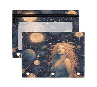 Fuauuyl Sun Moon Stars1 Lot de 2 trousses à crayons pour classeur à 3 anneaux avec fenêtre transparente avec fermeture éclair