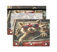 Fuauuyl The Little Raccoon is Driving - Lot de 2 trousses à crayons pour classeur à 3 anneaux avec fenêtre transparente avec fermeture éclair