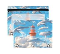 Fuauuyl Whales and Lighthouse Lot de 2 trousses à crayons pour classeur à 3 anneaux avec fenêtre transparente avec fermeture éclair