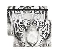Fuauuyl White Tiger Lot de 2 trousses à crayons pour classeur à 3 anneaux avec fenêtre transparente avec fermeture éclair