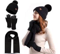 FUBABCO Ensemble Bonnet Écharpe Gants Femme, Hiver Bonnet Tricoté Chaud Écharpe Longue et Gants Tactiles Ensemble Bonnets Pompon avec Doublure en Polaire Thermique pour en Plein air et Quotidien