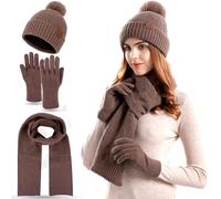 FUBABCO Ensemble Bonnet Écharpe Gants Femme, Hiver Bonnet Tricoté Chaud Écharpe Longue et Gants Tactiles Ensemble Bonnets Pompon avec Doublure en Polaire Thermique pour en Plein air et Quotidien