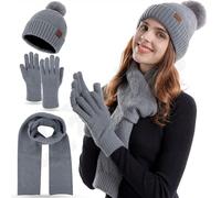 FUBABCO Ensemble Bonnet Écharpe Gants Femme, Hiver Bonnet Tricoté Chaud Écharpe Longue et Gants Tactiles Ensemble Bonnets Pompon avec Doublure en Polaire Thermique pour en Plein air et Quotidien