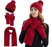 FUBABCO Ensemble Bonnet Écharpe Gants Femme, Hiver Bonnet Tricoté Chaud Écharpe Longue et Gants Tactiles Ensemble Bonnets Pompon avec Doublure en Polaire Thermique pour en Plein air et Quotidien